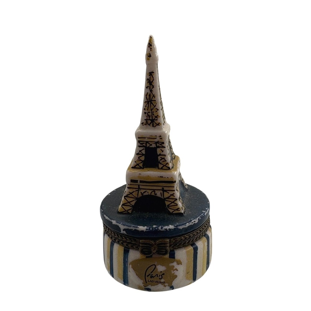 Paris Las Vegas Eiffel Tower Trinket Box Small Blue White Striped Souvenir AS IS